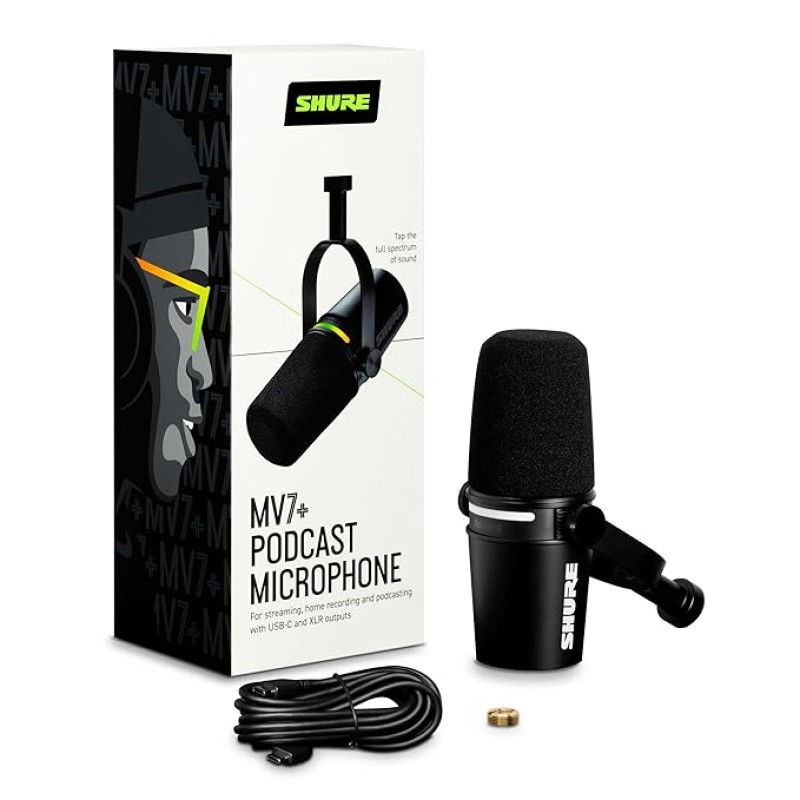Shure MV7+ Podcast Microphone. Enhanced Audio, LED Touch Panel, USB-C & XLR Outputs, Auto Level Mode, Digital Pop Filter, Reverb Effects, Podcasting, Streaming, Recording - Black Shure MV7+ Podcast Microphone. Enhanced Audio, LED Touch Panel, USB-C & XLR Outputs, Auto Level Mode, Digital Pop Filter, Reverb Effects, Podcasting, Streaming, Recording - Black