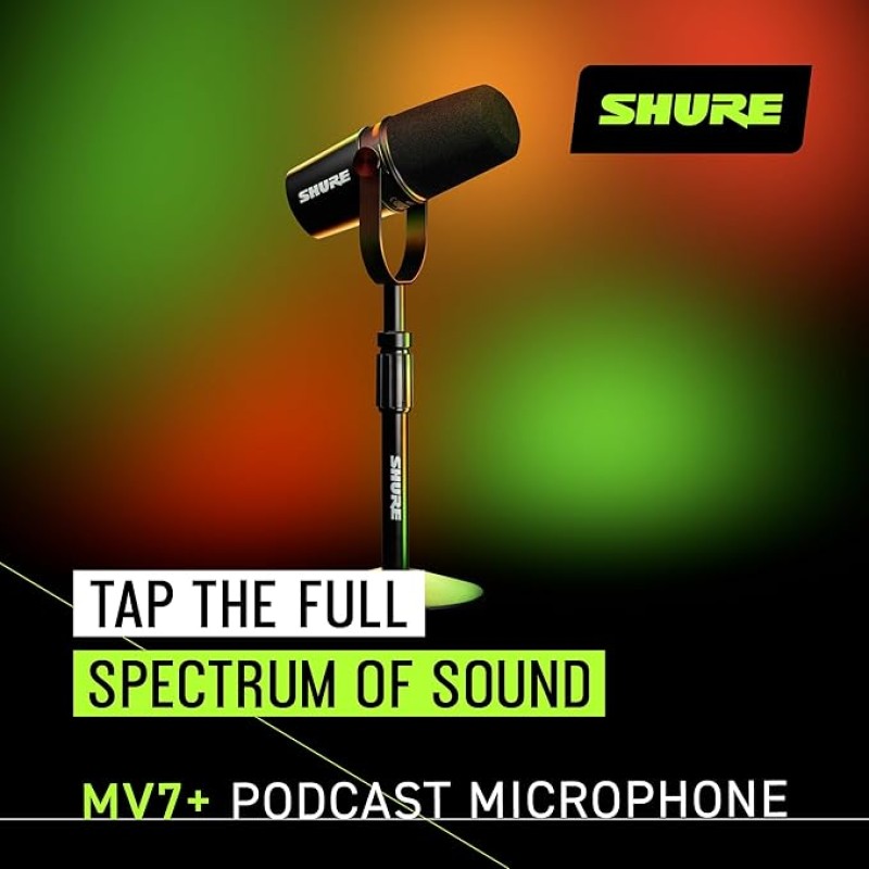 Shure MV7+ Podcast Microphone with Stand. Enhanced Audio, LED Touch Panel, USB-C & XLR Outputs, Auto Level Mode, Digital Pop Filter, Reverb Effects, Podcasting, Streaming, Recording - Black Shure MV7+ Podcast Microphone with Stand. Enhanced Audio, LED Touch Panel, USB-C & XLR Outputs, Auto Level Mode, Digital Pop Filter, Reverb Effects, Podcasting, Streaming, Recording - Black