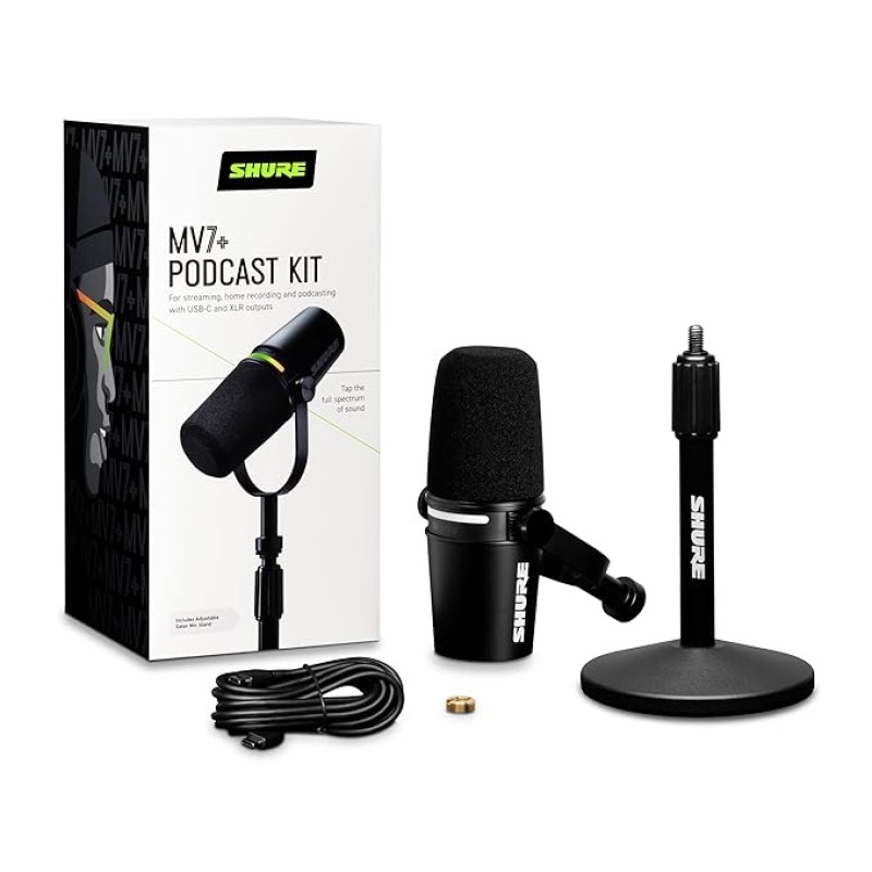 Shure MV7+ Podcast Microphone with Stand. Enhanced Audio, LED Touch Panel, USB-C & XLR Outputs, Auto Level Mode, Digital Pop Filter, Reverb Effects, Podcasting, Streaming, Recording - Black Shure MV7+ Podcast Microphone with Stand. Enhanced Audio, LED Touch Panel, USB-C & XLR Outputs, Auto Level Mode, Digital Pop Filter, Reverb Effects, Podcasting, Streaming, Recording - Black