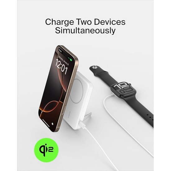 Belkin Qi2 Wireless Power Bank 15W 5000 mAh | MagSafe Charger w/Built-in Pop-up Kickstand | Compatible w/iPhone 17, Air, Pro, Pro Max, Google Pixel 10, etc. | White