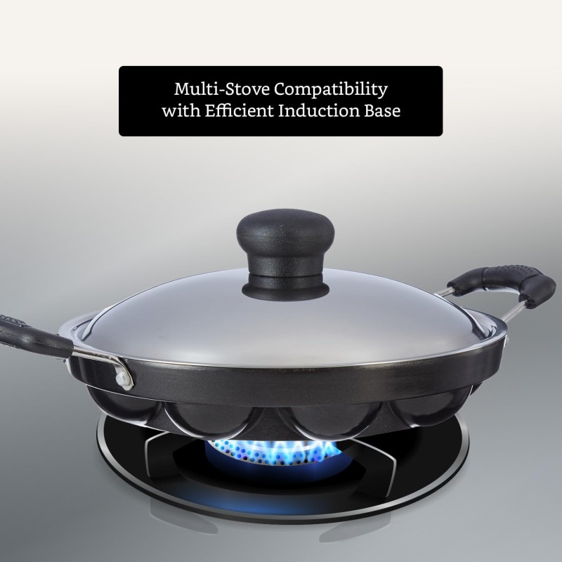 Solimo Die Cast Aluminium Nonstick Appam Patra/Paniyarakkal with Ss Lid 12 Cup with Side Handle, Black