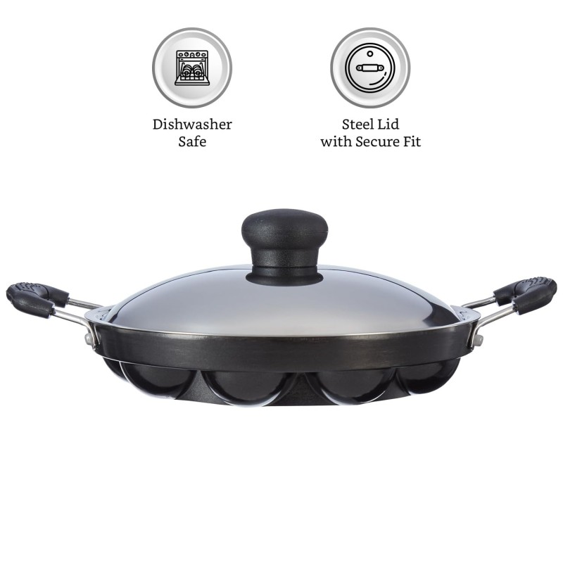 Solimo Die Cast Aluminium Nonstick Appam Patra/Paniyarakkal with Ss Lid 12 Cup with Side Handle, Black