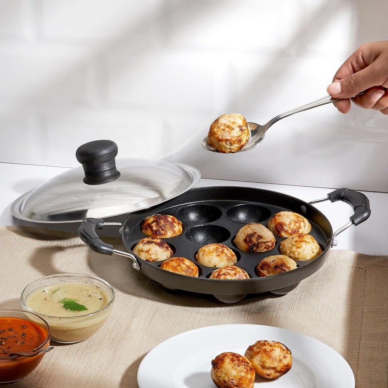 Solimo Die Cast Aluminium Nonstick Appam Patra/Paniyarakkal with Ss Lid 12 Cup with Side Handle, Black
