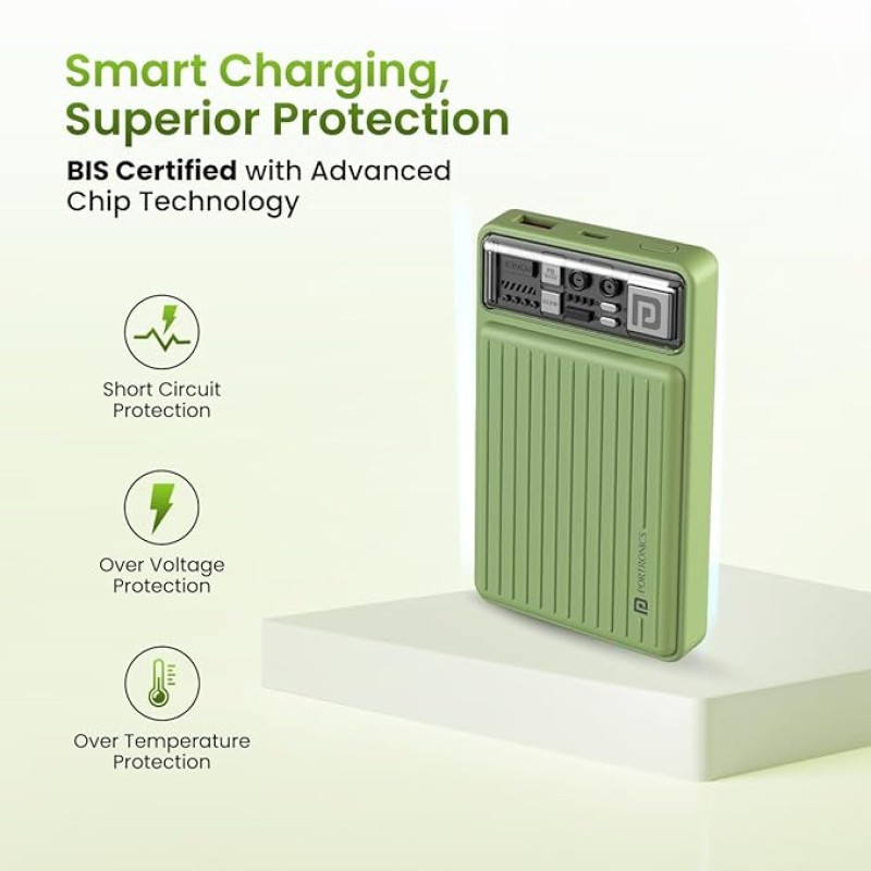 Portronics Luxcell Mini 10K Advanced 10000 mAh Nano Power Bank with 22.5W Max Output, LED Indicator, Mach USB-A Output, Type C PD Output, Type C Input, Wake Up Button(Green) Portronics Luxcell Mini 10K Advanced 10000 mAh Nano Power Bank with 22.5W Max Output, LED Indicator, Mach USB-A Output, Type C PD Output, Type C Input, Wake Up Button(Green)
