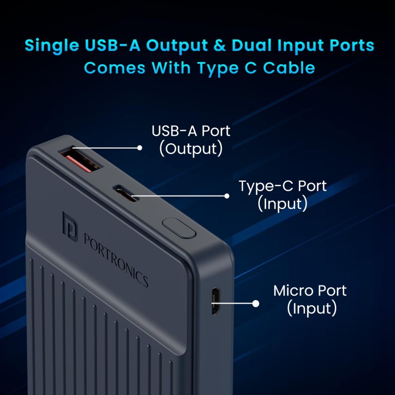 (Refurbished) Portronics Luxcell B12 10,000mAh 12W Power Bank, Ultra Slim Power Bank with USB-A Output Port & Dual Input Ports (Micro & Type C) | BIS Certified |Type C Cable Included|Made in India(Dark Blue) (Refurbished) Portronics Luxcell B12 10,000mAh 12W Power Bank, Ultra Slim Power Bank with USB-A Output Port & Dual Input Ports (Micro & Type C) | BIS Certified |Type C Cable Included|Made in India(Dark Blue)