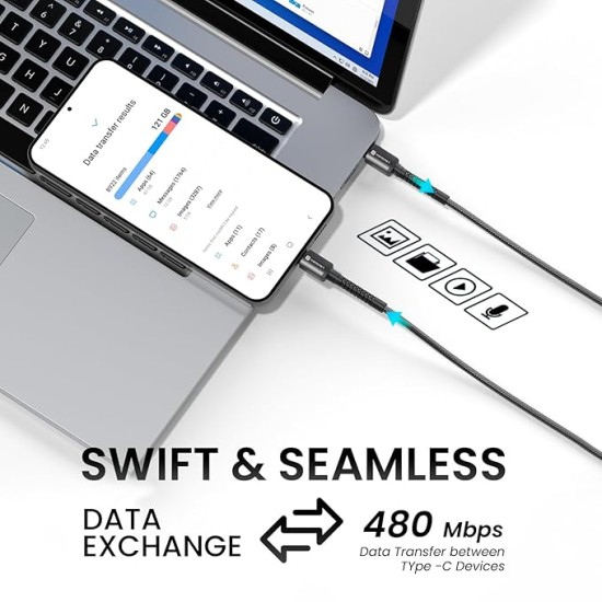 Portronics Konnect X 60W Type C to Type C Unbreakable Nylon Braided Cable, 2M Fast Charging Cable for iPhone 15 series, iPad, Samsung Galaxy & other Type C Devices(Black)