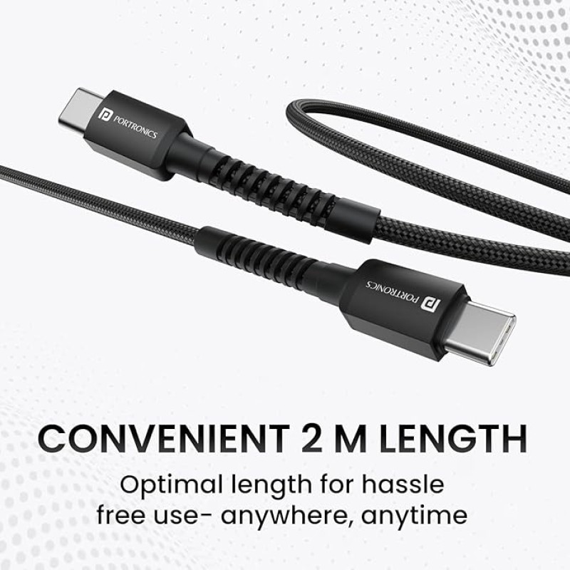 Portronics Konnect X 60W Unbreakable Nylon Braided Cable, 2M Fast Charging Cable For iPhone 15 Series, iPad, Samsung Galaxy (Black)