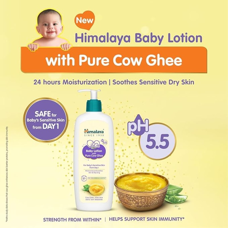 Himalaya Baby Lotion With Pure Cow Ghee 400Ml|Ph5.5|Aloe Vera|Safe For Newborns|For Baby's Sensitive Skin|No Parabens|No Phthalates|No Mineral Oil|No Synthetic Color|Dermatologically Tested