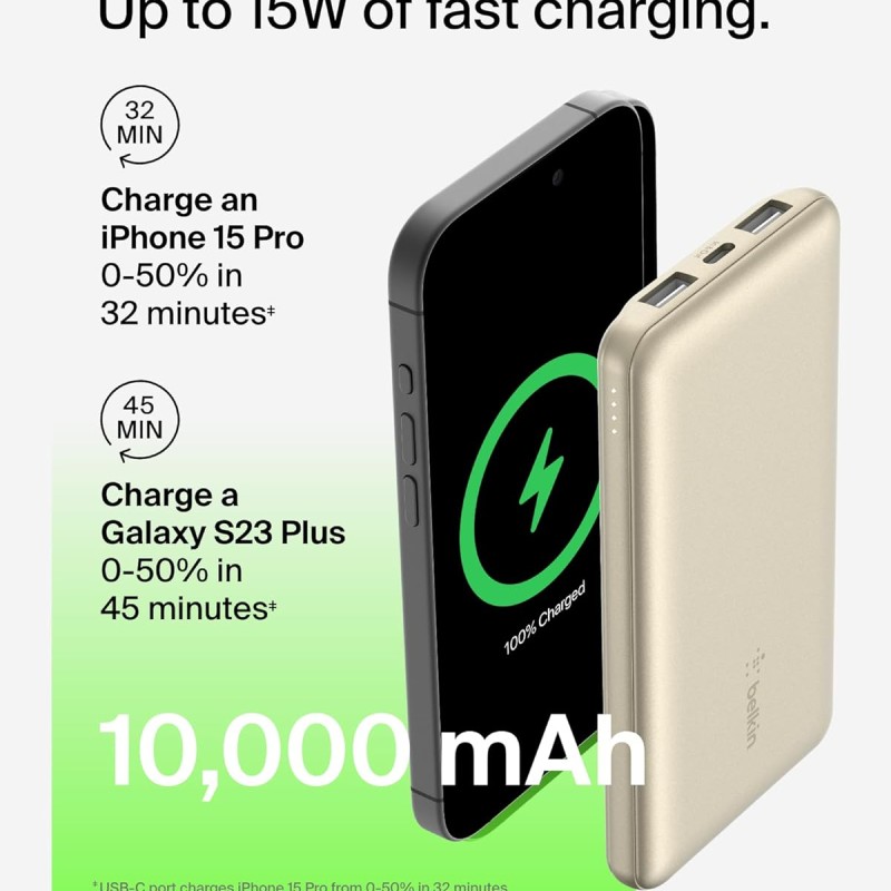 Belkin 10000 mAh Power Bank | Super Fast Charging | USB-C PD Port | 15W Charging for iPhone Series (16, 16 Pro Max), Samsung Galaxy, Google Pixel & More | Gold Belkin 10000 mAh Power Bank | Super Fast Charging | USB-C PD Port | 15W Charging for iPhone Series (16, 16 Pro Max), Samsung Galaxy, Google Pixel & More | Gold