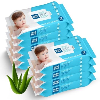 Mee Mee Baby Gentle soft Moisturing Wet Wipes with Aloe Vera extracts (unscented) without lid |72 pcs| Pack of 9