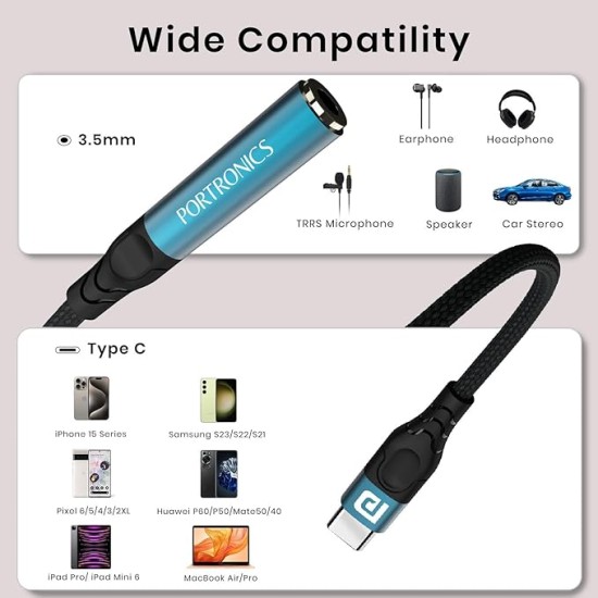 Portronics iKonnect C Pro Type C to 3.5 mm Audio Jack Connector with DAC Headphone Converter Adapter Compatible with iPhone 15 Pro Max/15 Pro/15 Plus, Galaxy S23/S22/S21/S208 & Other Type C Phones