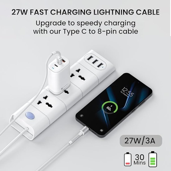 Portronics Konnect X Type C to 8-Pin 27W Fast Charging Cable, Premium TPE Material, Support to all Lightning Devices 1M Length(White) Portronics Konnect X Type C to 8-Pin 27W Fast Charging Cable, Premium TPE Material, Support to all Lightning Devices 1M Length(White)