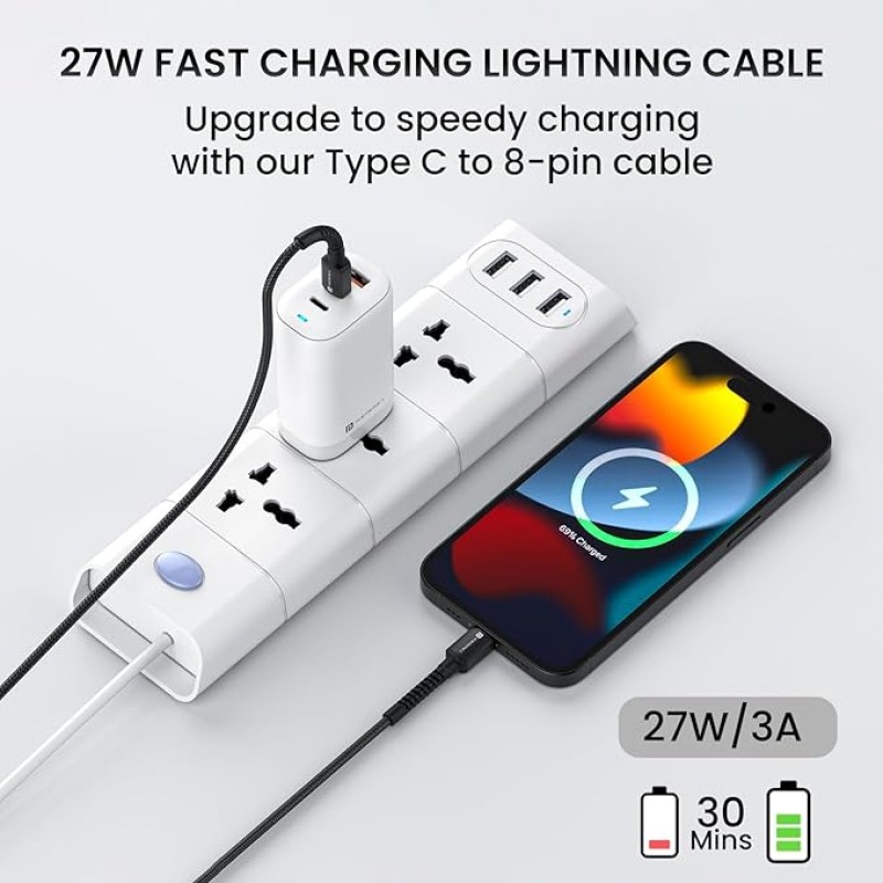 Portronics Konnect X 27W Type C to 8 Pin Fast Charging Strong Braided Cable, Metal Heads, 1M Length, Supports all 8 Pin & Lightning Devices (Black)