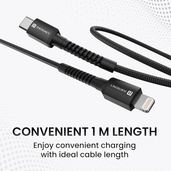 Portronics Konnect X 27W Type C to 8 Pin Fast Charging Strong Braided Cable, Metal Heads, 1M Length, Supports all 8 Pin & Lightning Devices (Black) Portronics Konnect X 27W Type C to 8 Pin Fast Charging Strong Braided Cable, Metal Heads, 1M Length, Supports all 8 Pin & Lightning Devices (Black)
