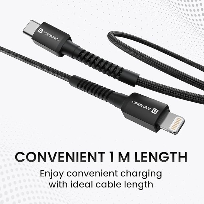 Portronics Konnect X 27W Type C to 8 Pin Fast Charging Strong Braided Cable, Metal Heads, 1M Length, Supports all 8 Pin & Lightning Devices (Black)
