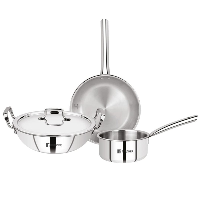Bergner BE Essentials TriPly Stainless Steel 4 Pcs Cookware Set, 22cm Kadai (2 litres) with Common Lid, 22cm Frypan (1.1 Litre), 10cm Tadka Pan, Even Heating - Induction Bottom and Gas Stove Ready Bergner BE Essentials TriPly Stainless Steel 4 Pcs Cookware Set, 22cm Kadai (2 litres) with Common Lid, 22cm Frypan (1.1 Litre), 10cm Tadka Pan, Even Heating - Induction Bottom and Gas Stove Ready