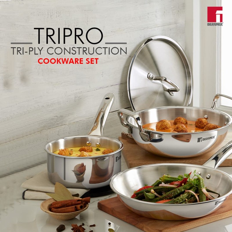 Bergner BE Essentials TriPly Stainless Steel 4 Pcs Cookware Set, 22cm Kadai (2 litres) with Common Lid, 22cm Frypan (1.1 Litre), 10cm Tadka Pan, Even Heating - Induction Bottom and Gas Stove Ready Bergner BE Essentials TriPly Stainless Steel 4 Pcs Cookware Set, 22cm Kadai (2 litres) with Common Lid, 22cm Frypan (1.1 Litre), 10cm Tadka Pan, Even Heating - Induction Bottom and Gas Stove Ready