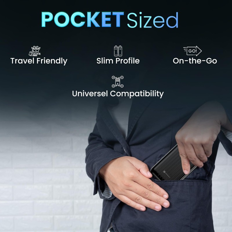 (Refurbished) Portronics Zapcell 10k 10000mAh 22.5W Pocket Size Nano Powerbank with Compact and Light Weight Design,Type C PD Output/Input, Mach USB-A Output,Power Delivery,Quick Charge for iPhone, Androids(Black)