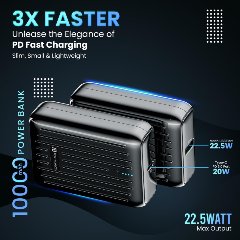 (Refurbished) Portronics Zapcell 10k 10000mAh 22.5W Pocket Size Nano Powerbank with Compact and Light Weight Design,Type C PD Output/Input, Mach USB-A Output,Power Delivery,Quick Charge for iPhone, Androids(Black)