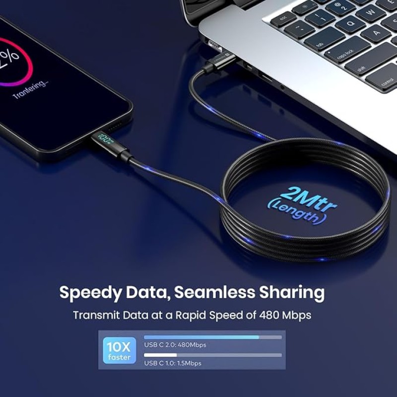 Portronics Konnect View 100W Type C to Type C Cable with LED Display with 5A Max Output, Fast Data Sync, 2M Length, Tangle Resistance supports Laptop Charging(Black) Portronics Konnect View 100W Type C to Type C Cable with LED Display with 5A Max Output, Fast Data Sync, 2M Length, Tangle Resistance supports Laptop Charging(Black)