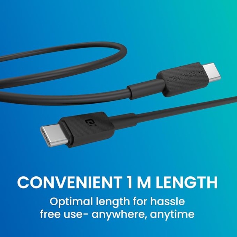 Portronics Konnect Link C Square 60W Type C to Type C Fast Charging PD Cable with 480Mbps Data Sync Compatible with Smartphones, iPhone 15 series, MacBook and Other Type C devices 1M Length(Black)