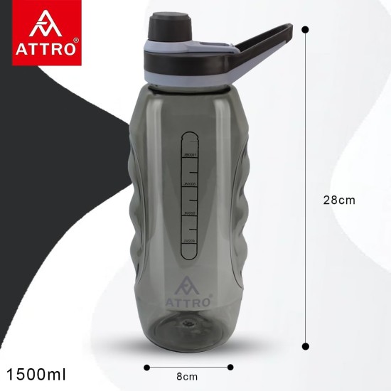 Attro Gripstar Sports 1500ml Plastic Water Bottle with Easy to Carry Grip Handle BPA Free Food Grade Leak proof Ideal for Gym Workout, School, Office & Outdoor - Black