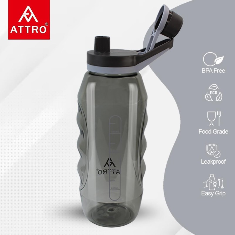 Attro Gripstar Sports 1500ml Plastic Water Bottle with Easy to Carry Grip Handle BPA Free Food Grade Leak proof Ideal for Gym Workout, School, Office and Outdoor - Black