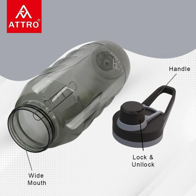 Attro Gripstar Sports 1500ml Plastic Water Bottle with Easy to Carry Grip Handle BPA Free Food Grade Leak proof Ideal for Gym Workout, School, Office and Outdoor - Black