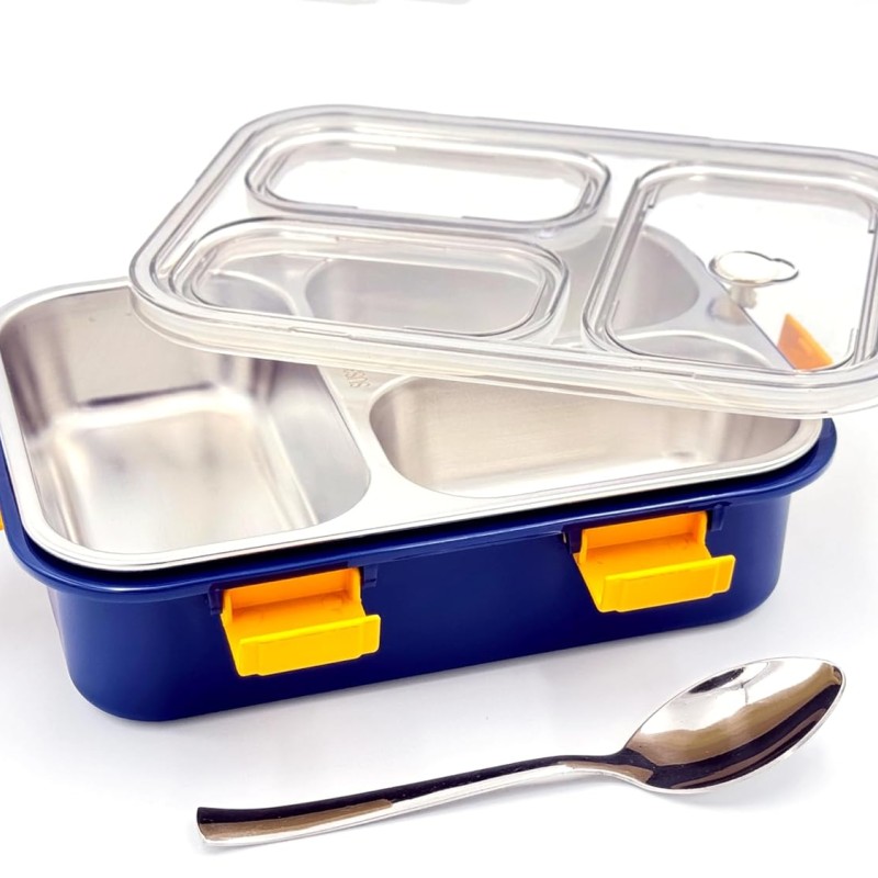 Darkpyro 3 Compartment Stainless Steel Lunch Box, Leakage Proof Lunch Box For School Kids And Adults Pack Of 1 Blue,750ML Darkpyro 3 Compartment Stainless Steel Lunch Box, Leakage Proof Lunch Box For School Kids And Adults Pack Of 1 Blue,750ML