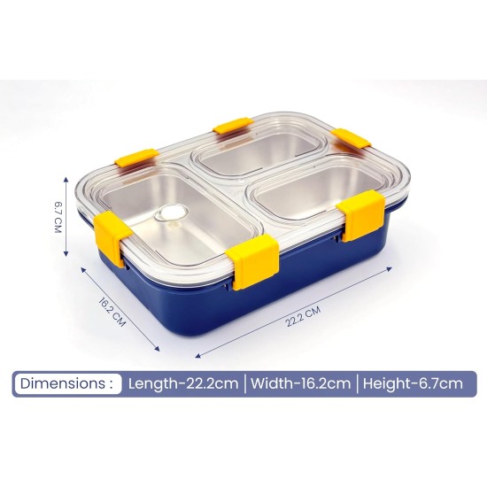 Darkpyro 3 Compartment Stainless Steel Lunch Box, Leakage Proof Lunch Box For School Kids And Adults Pack Of 1 Blue,750ML