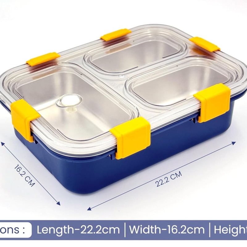 Darkpyro 3 Compartment Stainless Steel Lunch Box, Leakage Proof Lunch Box For School Kids And Adults Pack Of 1 Blue,750ML Darkpyro 3 Compartment Stainless Steel Lunch Box, Leakage Proof Lunch Box For School Kids And Adults Pack Of 1 Blue,750ML