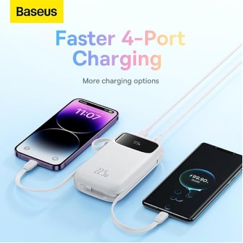 Baseus Qpow2 Dual-Cable Digital Display Fast Charge Power Bank 20000mAh 22.5W Cluster Black(with: Simple Charging Cable Type-C 3A 0.3m Black) (White, Baseus Qpow2 Dual-Cable Digital Display Fast Charge Power Bank 20000mAh 22.5W Cluster Black(with: Simple Charging Cable Type-C 3A 0.3m Black) (White,