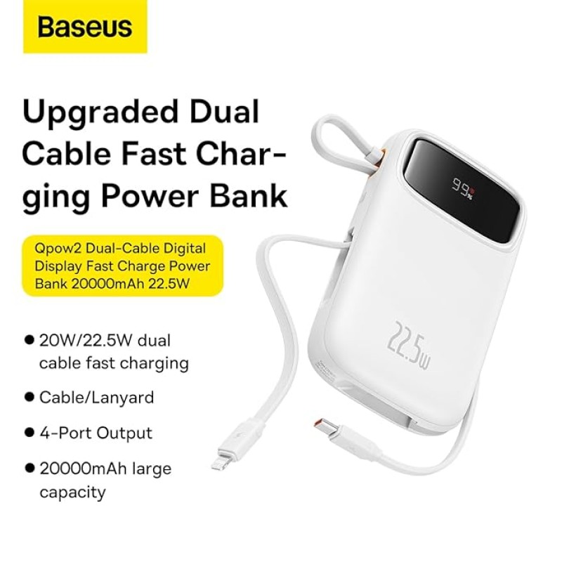 Baseus Qpow2 Dual-Cable Digital Display Fast Charge Power Bank 10000mAh 22.5W Cluster Black(with: Simple Charging Cable Type-C 3A 0.3m Black) (White, Baseus Qpow2 Dual-Cable Digital Display Fast Charge Power Bank 10000mAh 22.5W Cluster Black(with: Simple Charging Cable Type-C 3A 0.3m Black) (White,