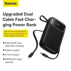 Baseus Qpow2 Power Bank, 10000mAh, 22.5W Fast Charging, Dual Built-in Cables, Digital Display