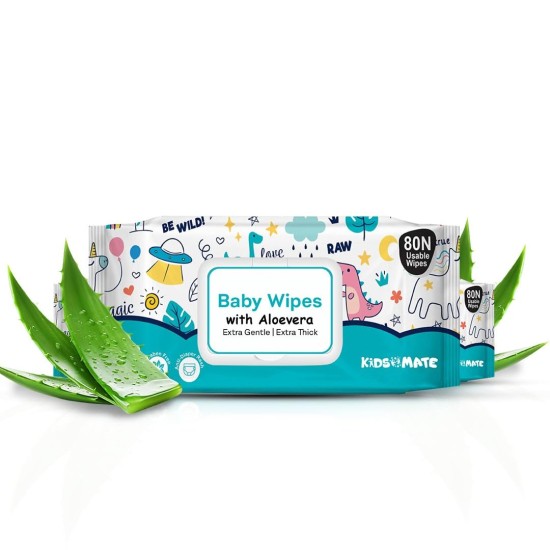 Kidsmate Gentle Care Baby Wipes | Soft & Thick Wet Wipes for Babies | Aloe Vera Moisturizing Wipes for Delicate Skin | Prevents Rashes & Redness | Alcohol & Soap-Free (80 count Pack of 3)