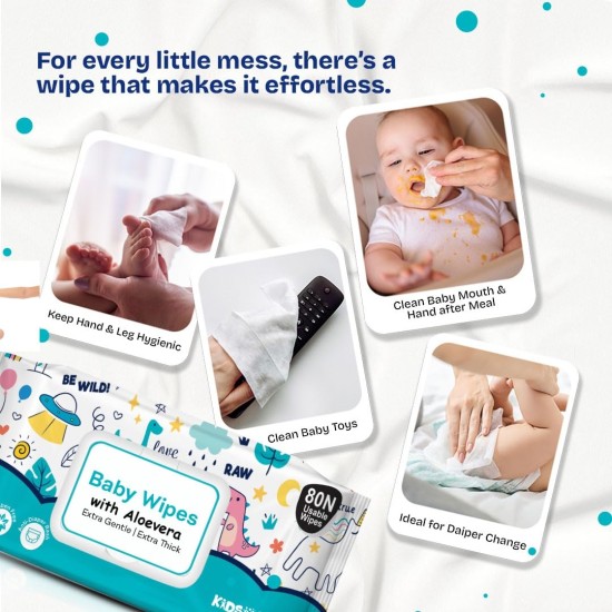 Kidsmate Gentle Care Baby Wipes | Soft & Thick Wet Wipes for Babies | Aloe Vera Moisturizing Wipes for Delicate Skin | Prevents Rashes & Redness | Alcohol & Soap-Free (80 count Pack of 3)