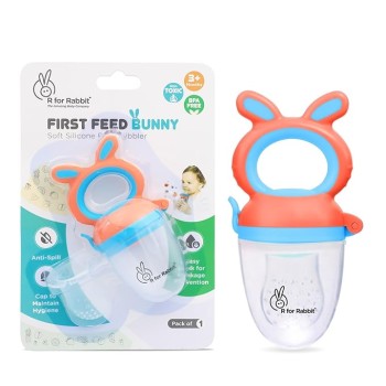 R for Rabbit First Feed Bunny Nibbler Soft Silicon Chewing Fruit Feeder for Babies | Baby Fruit & Food Veggie Teether |Hygenic & BPA Free | Pacifier for Infant 3+ Months (Orange-Blue)
