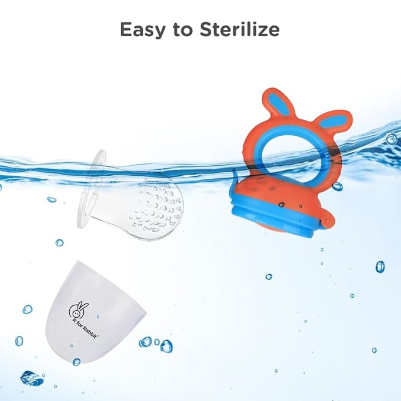 R for Rabbit First Feed Bunny Nibbler Soft Silicon Chewing Fruit Feeder for Babies | Baby Fruit & Food Veggie Teether |Hygenic & BPA Free | Pacifier for Infant 3+ Months (Orange-Blue)