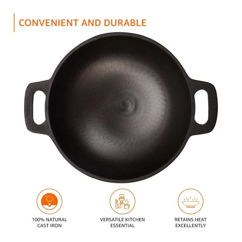 Cast Iron Pre Seasoned Pan Cast Iron Deep Kadhai, 10 Inches (25 cm), Black, 100% Toxin-Free, Naturally Non-Stick, Long Lasting. Cast Iron Pre Seasoned Pan Cast Iron Deep Kadhai, 10 Inches (25 cm), Black, 100% Toxin-Free, Naturally Non-Stick, Long Lasting.