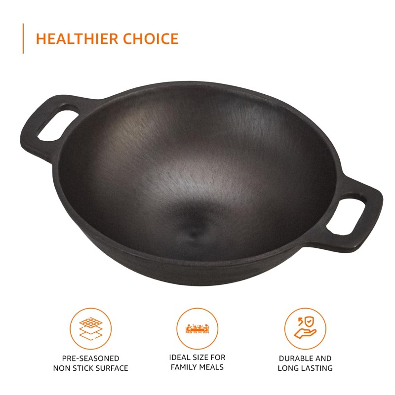 Cast Iron Pre Seasoned Pan Cast Iron Deep Kadhai, 10 Inches (25 cm), Black, 100% Toxin-Free, Naturally Non-Stick, Long Lasting. Cast Iron Pre Seasoned Pan Cast Iron Deep Kadhai, 10 Inches (25 cm), Black, 100% Toxin-Free, Naturally Non-Stick, Long Lasting.