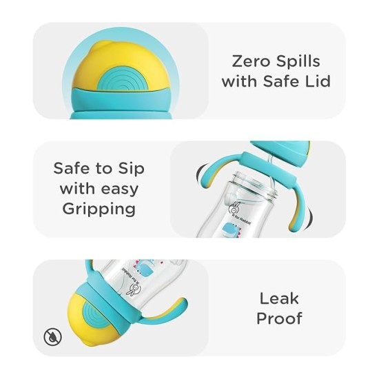 R for Rabbit Tritan Dino 320ml Baby Straw Sipper for Kids | Twin Handle Non Toxic BPA Free Soft Silicone Straw Sippy Bottle | Leak Proof Drinking Sippy Cup for 12+ Months Babies (Yellow Blue)