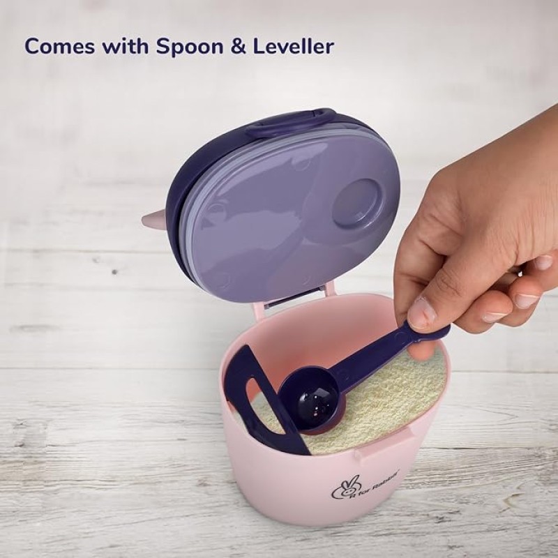R for Rabbit First Feed Crescent Storage Meal Box with Spoon and Leveler for Baby | Non-Toxic BPA Free Kids Milk Powder Box Multi-Functional Snack/Fruit Container 310 Gram Capacity (Pink)