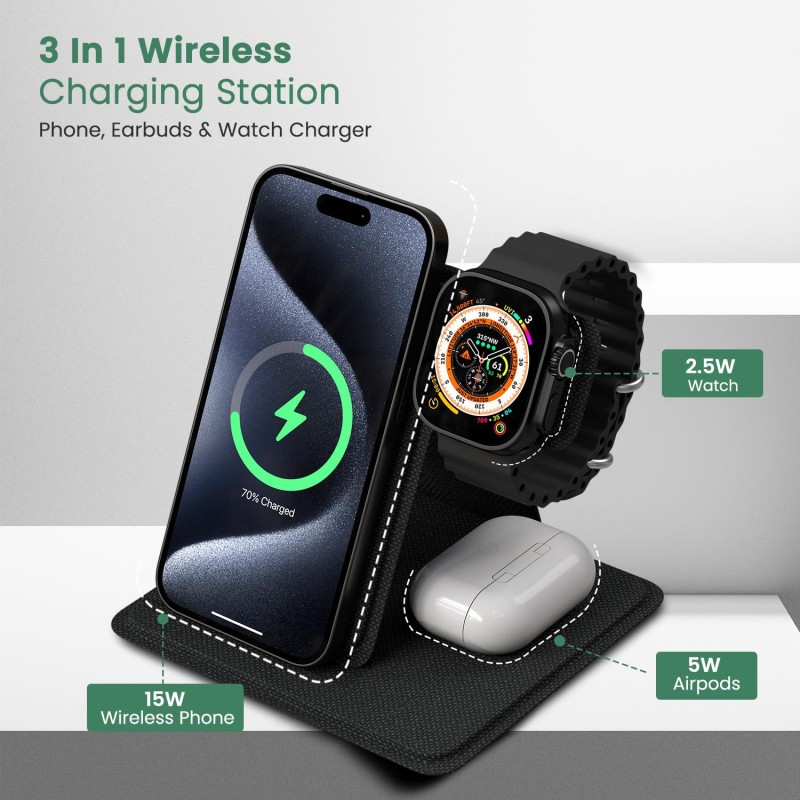 (Refurbished) Portronics Freedom Fold 3 15W 3 in 1 Foldable MagSafe Compatible Wireless Charger for iPhone 12 & Above Series, Apple Watches & AirPods with Premium PU Leather, 1M Type C Charging Cable(Black) (Refurbished) Portronics Freedom Fold 3 15W 3 in 1 Foldable MagSafe Compatible Wireless Charger for iPhone 12 & Above Series, Apple Watches & AirPods with Premium PU Leather, 1M Type C Charging Cable(Black)