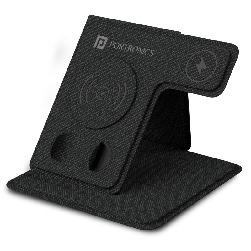 (Refurbished) Portronics Freedom Fold 3 15W 3 in 1 Foldable MagSafe Compatible Wireless Charger for iPhone 12 & Above Series, Apple Watches & AirPods with Premium PU Leather, 1M Type C Charging Cable(Black) (Refurbished) Portronics Freedom Fold 3 15W 3 in 1 Foldable MagSafe Compatible Wireless Charger for iPhone 12 & Above Series, Apple Watches & AirPods with Premium PU Leather, 1M Type C Charging Cable(Black)