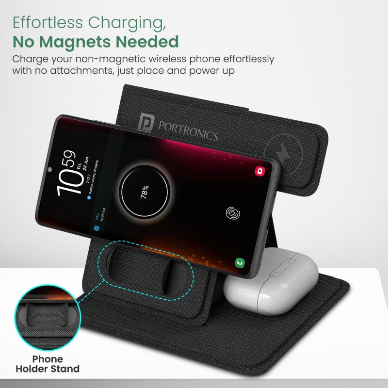 (Refurbished) Portronics Freedom Fold 3 15W 3 in 1 Foldable MagSafe Compatible Wireless Charger for iPhone 12 & Above Series, Apple Watches & AirPods with Premium PU Leather, 1M Type C Charging Cable(Black) (Refurbished) Portronics Freedom Fold 3 15W 3 in 1 Foldable MagSafe Compatible Wireless Charger for iPhone 12 & Above Series, Apple Watches & AirPods with Premium PU Leather, 1M Type C Charging Cable(Black)