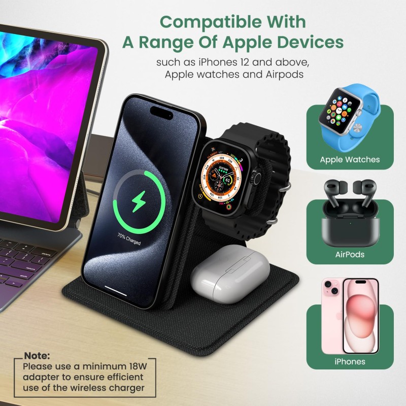 (Refurbished) Portronics Freedom Fold 3 15W 3 in 1 Foldable MagSafe Compatible Wireless Charger for iPhone 12 & Above Series, Apple Watches & AirPods with Premium PU Leather, 1M Type C Charging Cable(Black) (Refurbished) Portronics Freedom Fold 3 15W 3 in 1 Foldable MagSafe Compatible Wireless Charger for iPhone 12 & Above Series, Apple Watches & AirPods with Premium PU Leather, 1M Type C Charging Cable(Black)