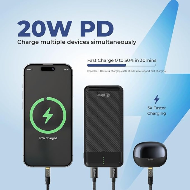 pTron Dynamo Surge 20000mAh 22.5W Fast Charging Power Bank, Supports VOOC/Wrap/Dash USB Charging, USB Type-C Input, 20W PD Fast Charging, 3 Outputs, 1 Input & Multiple Layers of Protection (Black)