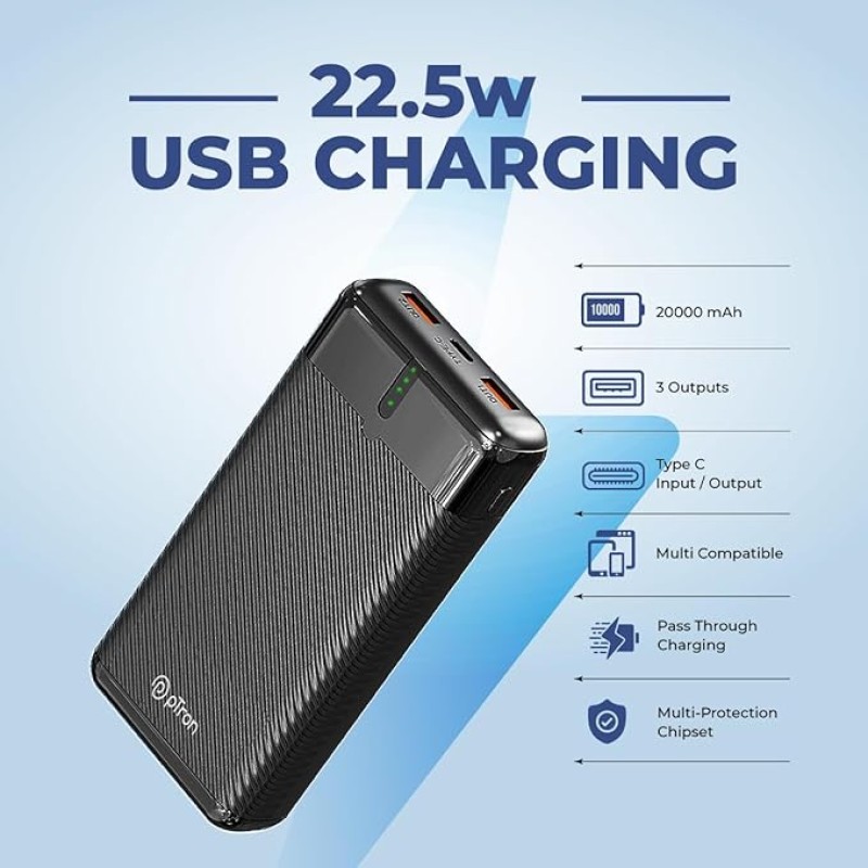 pTron Dynamo Surge 20000mAh 22.5W Fast Charging Power Bank, Supports VOOC/Wrap/Dash USB Charging, USB Type-C Input, 20W PD Fast Charging, 3 Outputs, 1 Input & Multiple Layers of Protection (Black)