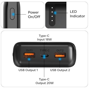 pTron Dynamo Surge 20000mAh 22.5W Fast Charging Power Bank, Supports VOOC/Wrap/Dash USB Charging, USB Type-C Input, 20W PD Fast Charging, 3 Outputs, 1 Input and Multiple Layers of Protection (Black)