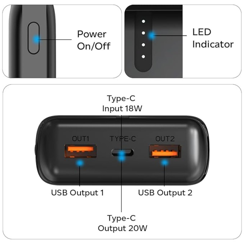 pTron Dynamo Surge 20000mAh 22.5W Fast Charging Power Bank, Supports VOOC/Wrap/Dash USB Charging, USB Type-C Input, 20W PD Fast Charging, 3 Outputs, 1 Input & Multiple Layers of Protection (Black)